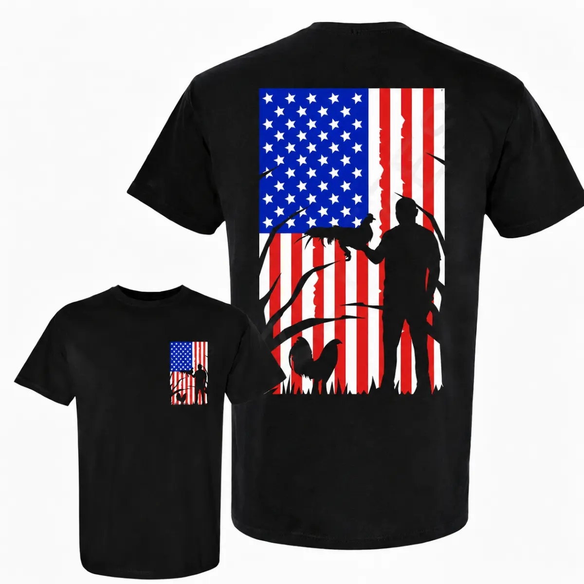 Unisex Cotton Casual Fashion Gamefowl Rooster USA Flag Top - American Fighting Rooster Graphic, Patriotic, Chicken Lover, Vintage Design, Farm Life Poultry Breeder Gift, Independence Day Apparel, Body Shape Fit, Streetwear