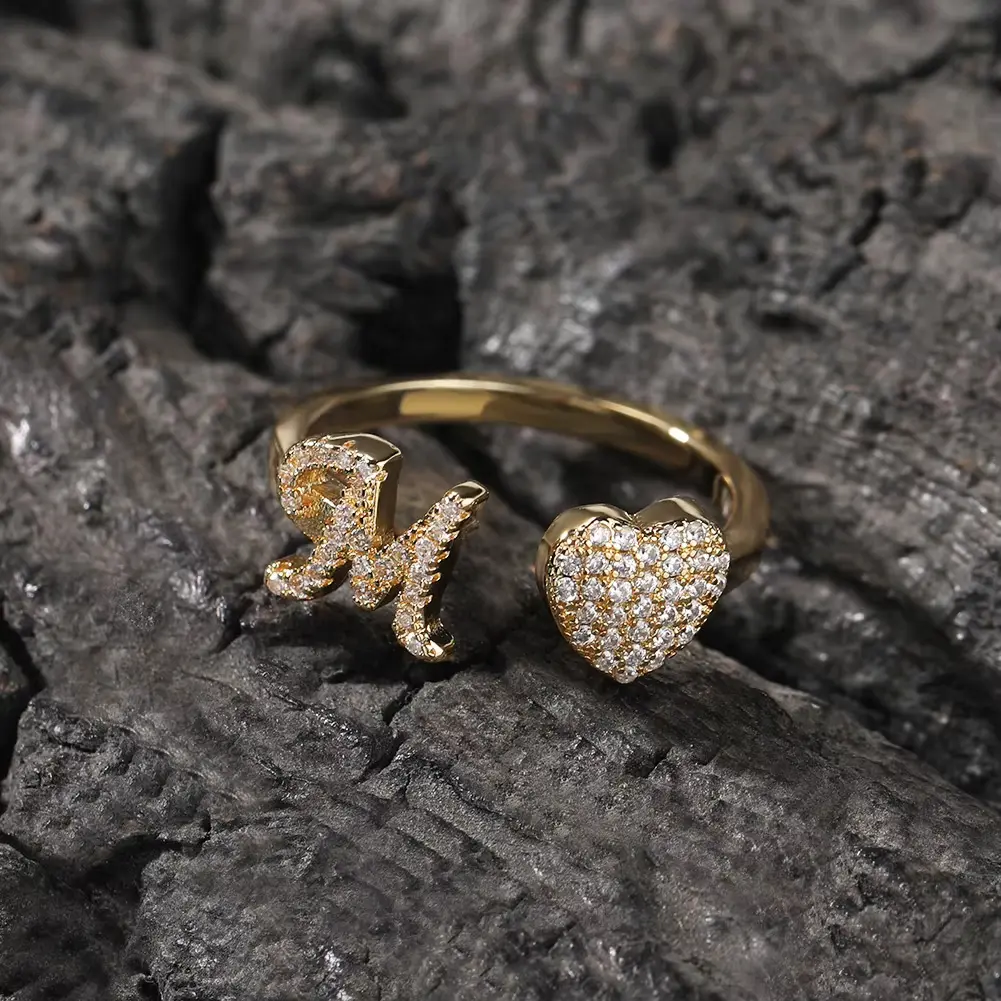 Initial Ring for Women, 14k Gold Plate Heart&Letter Rings Open Adjustable Trendy Rings Jewelry Gifts Size 6-10