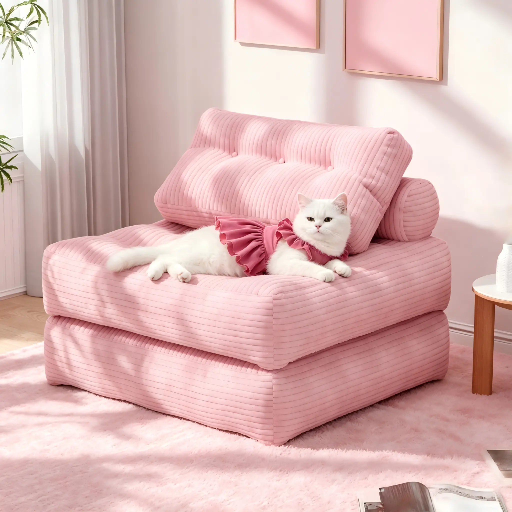【Sweet】Mr IRONSTONE Folding Sofa with Headrest, Convertible Sleeper Chair with Pillow Foldable Mattress with Back Support, Pink Gray Beige for Small Living Spaces
