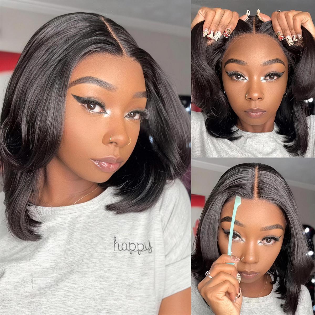 Layered Cut Bob Yaki Straight Wig 9x6 T Part Wear Go Glueless Bob Wigs Human Hair Bleached Knots For Women 180 & 250% Density Brazilian Deep Part Lace Glueless Wig