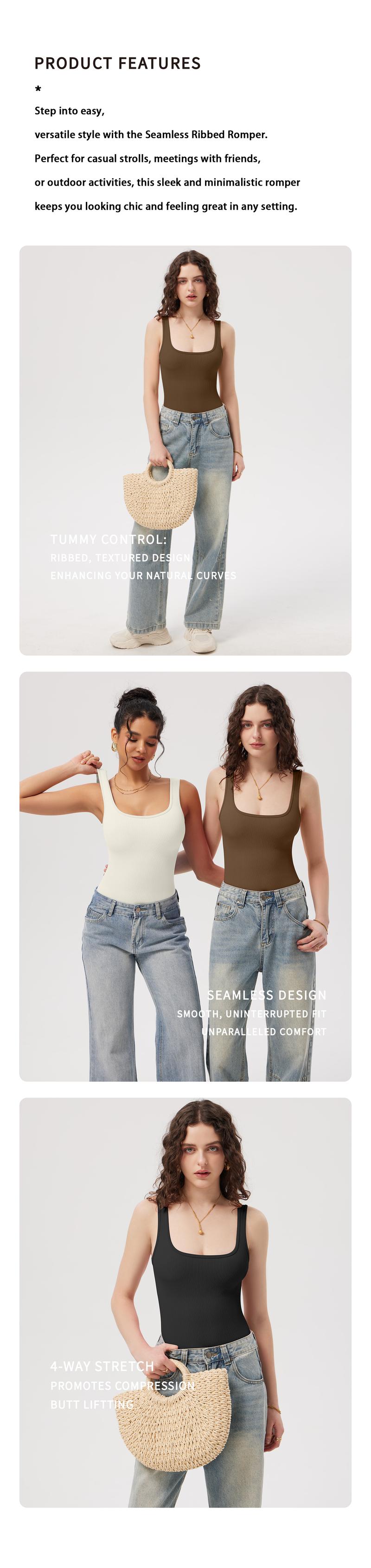 OQQ-Nine cents【3 iin 1 Set】Ribbed Knit Square Neck Bodysuit 3-Piece Set, Slim-Fitting Sleeveless Base Layer, Minimalist Versatile Sexy Skinny Bodysuits Black Basic