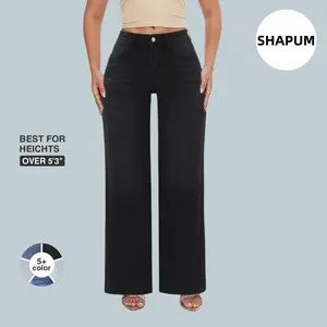 Magic SHAPUM Womens Mid Waist BBL Jeans Wide Leg Loose Fit Stretchy Distressed Denim Pants Dark Blue Light Blue BLACK Tummy Control Curve Hugging Basic Minimalist Comfortable Plus Size Regular Size#Spring Picks#TikTokShopSpringGlowUp