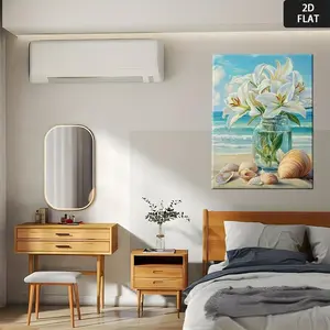 2D Flat, 2D Flat Mason Jar Wall Art with White Lilies & Seashells - Coastal Beach Decor Framed Canvas Print, Blue-Green Ocean Background, Minimalist Home Decoration for Living Room, Bedroom, Kitchen, Office - Easy-to-Hang Wrapped Frame	