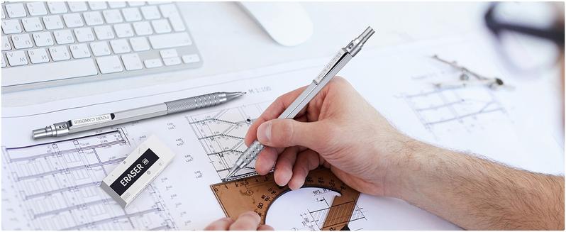 Four Candies 0.5mm/0.7mm/0.9mm Mechanical Pencil Set with Case, 3PCS Metal Artist Lead Pencil with 8 Tubes (480PCS) HB Lead Refills, 3 Erasers, 9 Eraser Refills For Engineer Art Writing Drafting, Silver