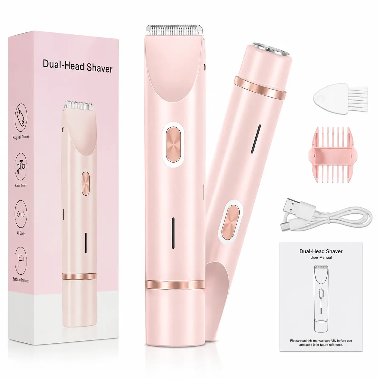 Bikini Trimmer for Women, Electric Shaver & Razor 2-in-1 Body Hair Removal, Rechargeable Dual Head Epilator for Pubic Hair, Face & Legs, Smooth Skin Summer Gift