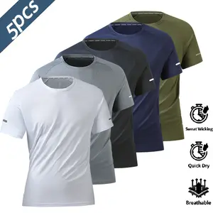 Pack of 5 gray/blue/black/white army green casual athletic printed T-shirts with reflective stripes, breathable quick-dry short-sleeve crew neck tops—running shirts, moisture-wicking T-shirts, fitness training short-sleeve shirts