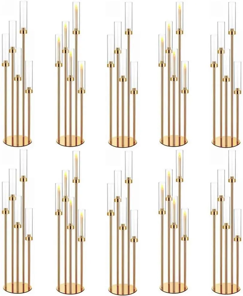 42.5in Gold Candelabra Centerpieces for Tables Candlestick Holders Decor Wedding Centerpiece Table Decorations 5 arm Candle Holder Set of 10 Acrylic lampshade Fit 0.9" LED