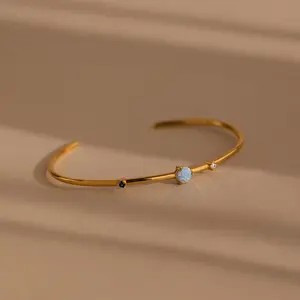 Opal & Diamond Cuff Bracelet by Caitlyn Minimalist - Dainty Blue Gemstone Cuff Bracelet in Gold & Silver - Diamond Jewelry - Birthday Gift for Her