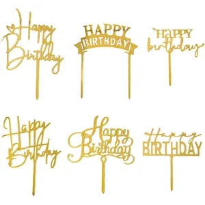 6-Pack Gold Acrylic Birthday Cake Toppers, Elegant "Happy Birthday" for Women's & Girls' Parties