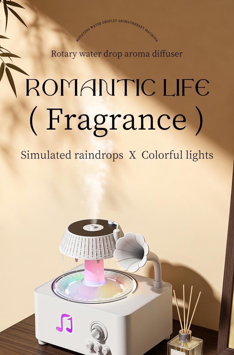 Phonograph-style aroma diffuser and humidifier with white noise and Bluetooth music, includes essential oils, features multiple natural sounds, automatic shut-off when water runs out, and ultrasonic raindrop rotation. A high-end white aroma diffuser gift.