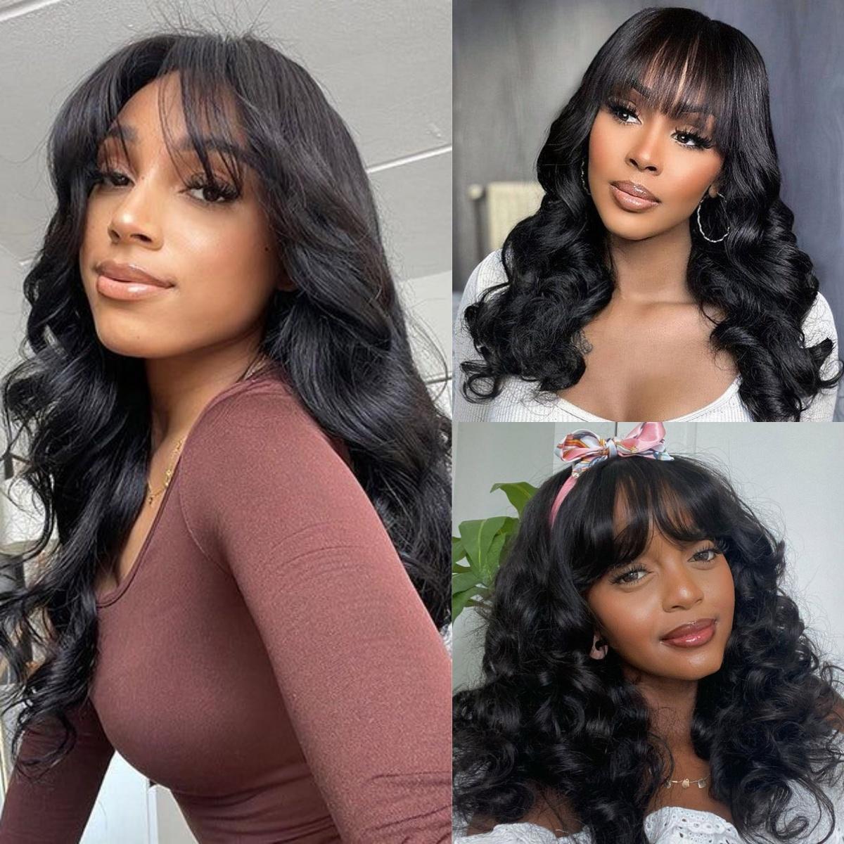 West Kiss Glueless Wig With Bangs Body Wave 5x5 Lace Closure Wig Human Hair Ready To Go Wig