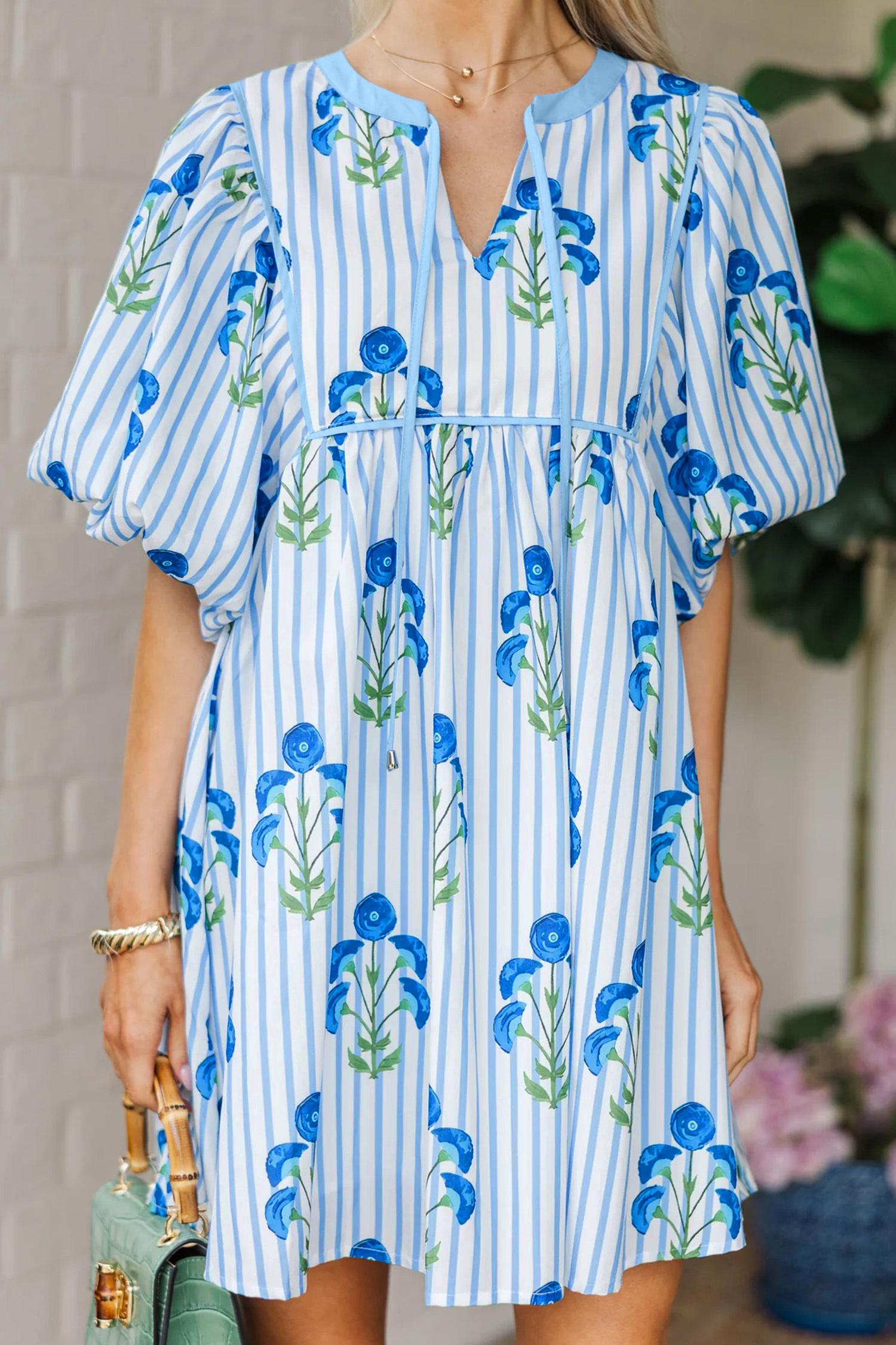 Mntaor Womens Boho Green Floral Puff Sleeve Collar Buttoned Babydoll Dress Loose Fit Mini Sundress Casual Style - Comfort