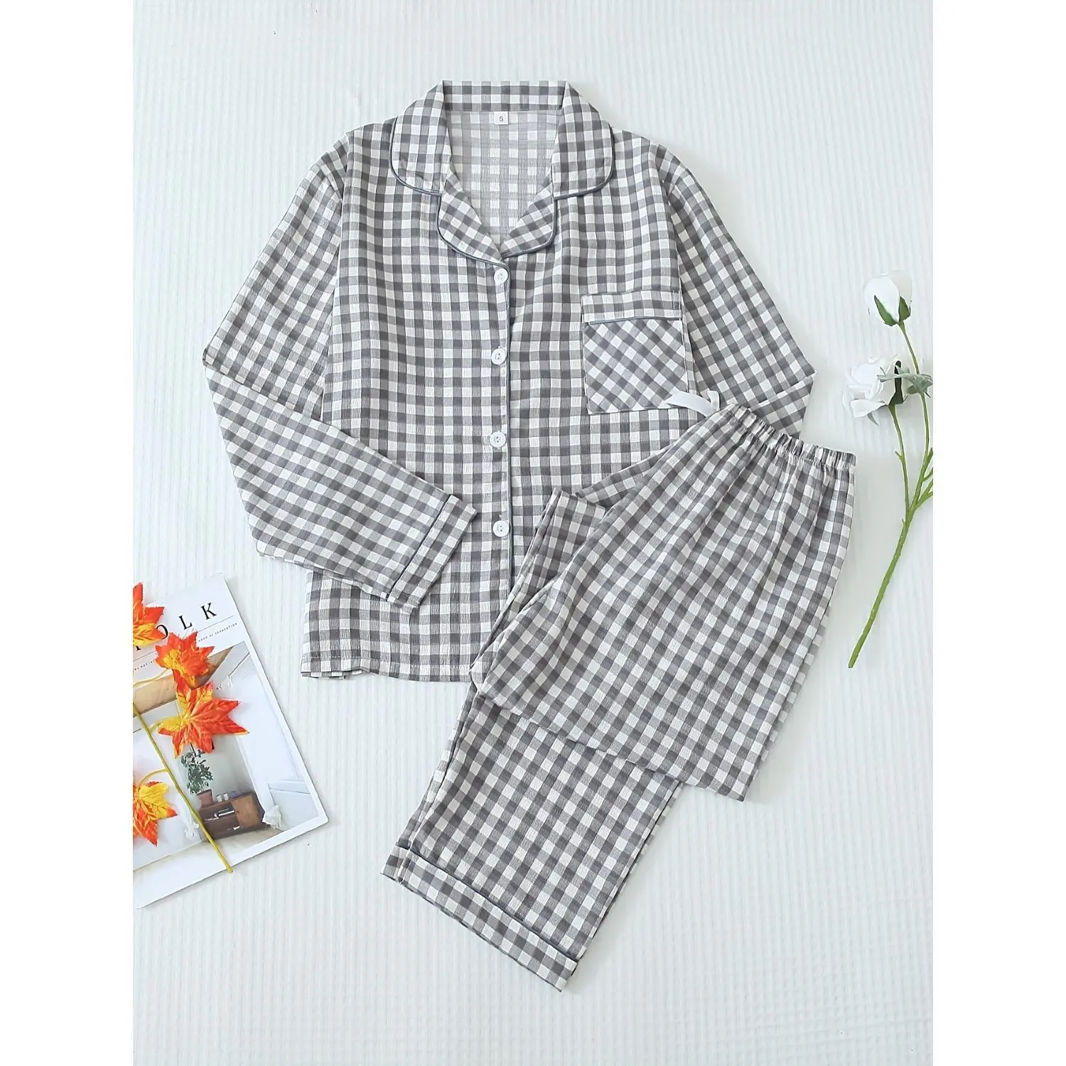 Cozy Women's Plaid Pajama Set - Long Sleeve Button-Up Top & Elastic Waist Pants, Casual Loungewear for Fall/Winter