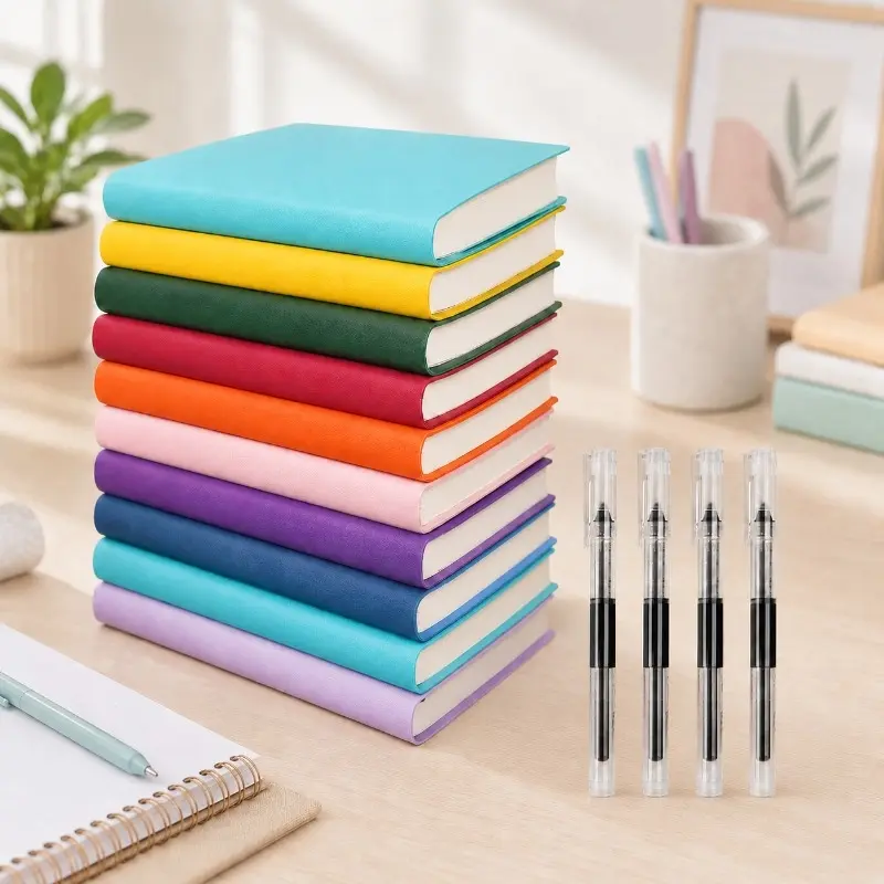 10-pack discounted soft leather mini pocket notebook — includes 4 pens; faux leather portable lined page notebook; compact planner suitable for school, office, travel, students; portable diary and planning booklet