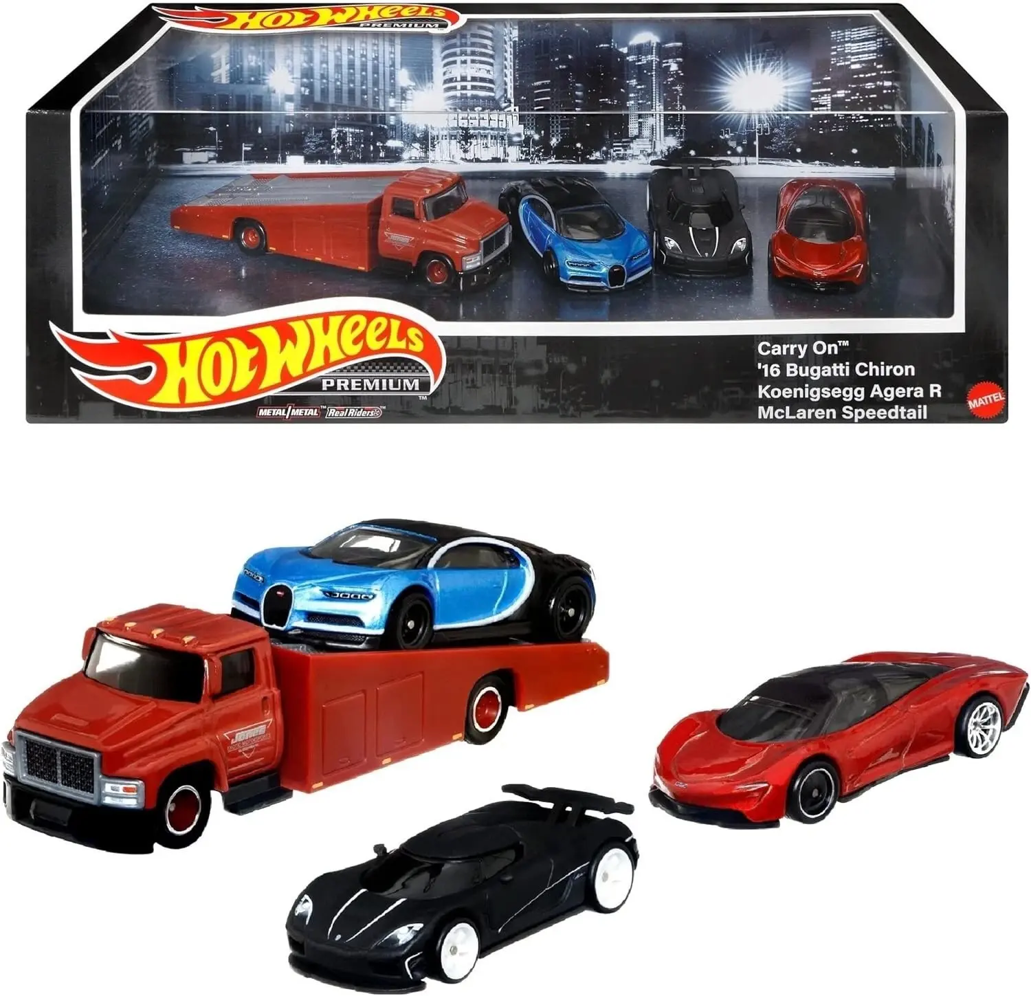 Hot Wheels Premium Collect Display Sets with 3 Cars & 1 Team Transport Vehicle (Carry On, Bugatti Chiron, Koenigsegg Agera R, MaLaren Speedtail)