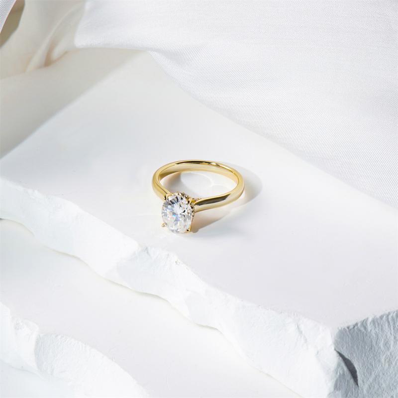 Delzzad 14K Gold-Plated 2ct Solitaire Oval Promise Engagement Ring Synthetic Moissanite S925 Wedding Ring Band Jewelry Perfect Birthday Engagement Wedding Anniversary Christmas Gift for Women