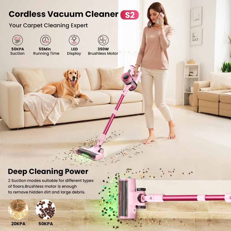 [FebFaves]S2 Cordless Vacuum, 50KPA Strong Suction & 55-Min Runtime, Anti-Tangle Rechargeable Stick Vacuum with Green LED for Easy Daily Cleaning , Lightweight 2-in-1 Handheld with Self-Standing Design for Floors, Carpets, Sofa, Tiles, Cars