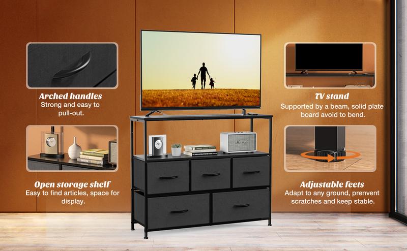 Entertainment Center with 5 Fabric Drawers, Media Console Table Open Storage Shelf Dresser for Bedroom/Living Room/Hallway, TV Stand with 5 Drawers