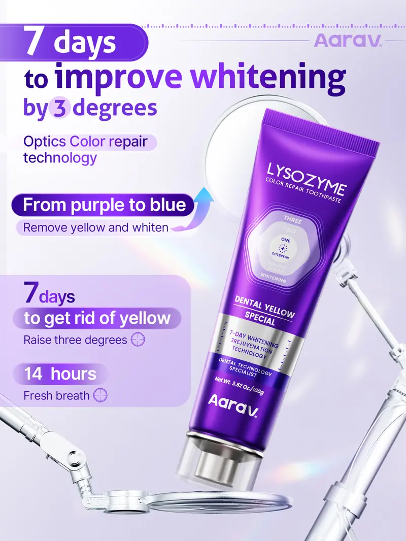 Product Introduction of Aarav Purple Whitening Toothpaste | Color Correcting Formula for Yellow Teeth and Dull Smiles, Helps Visually Brighten Tooth Appearance, Clean Plaque and Maintain Fresh Breath for Daily Oral Care 5