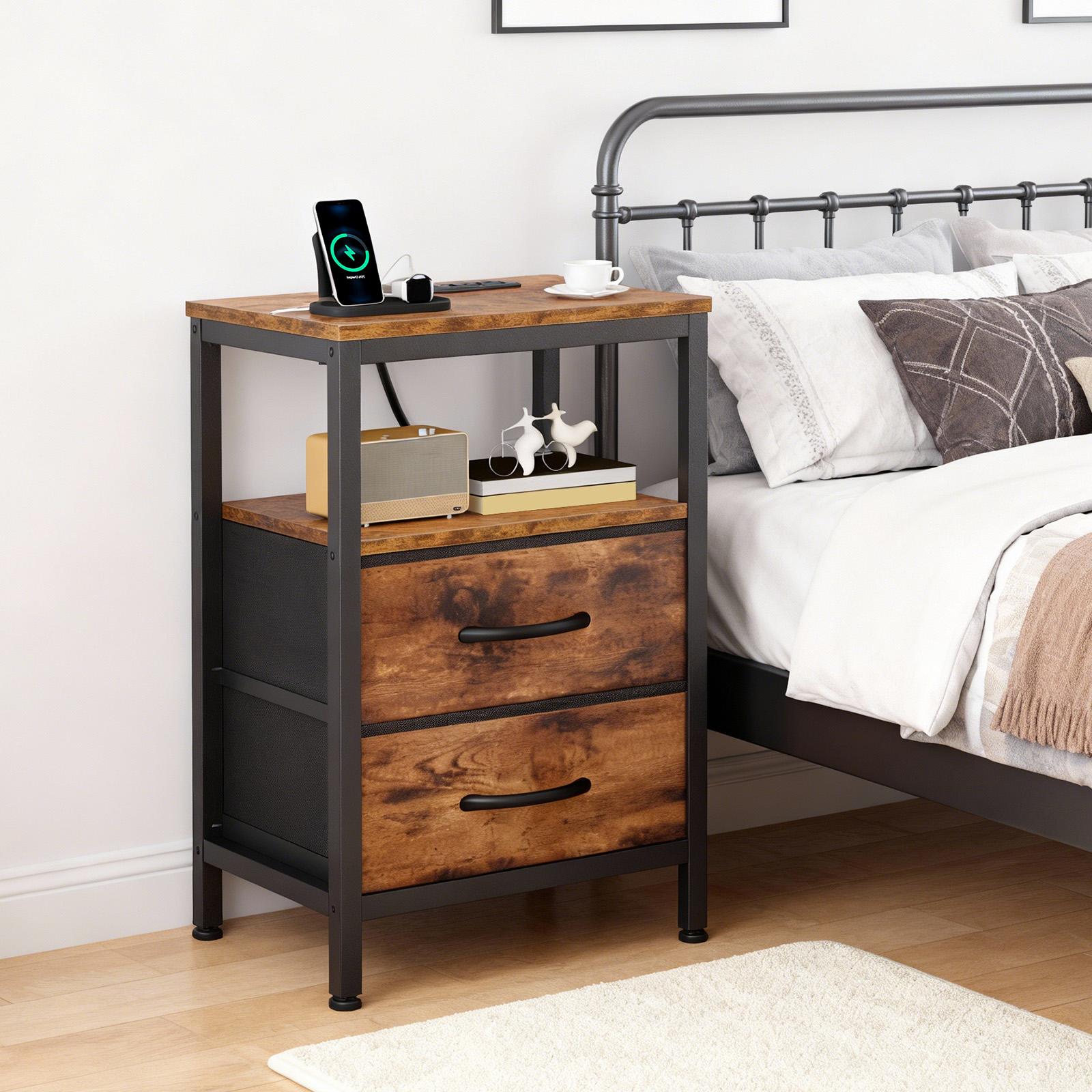 Fast Charging Bedside Table with 2 Fabric Drawers - Multi-Function Adjustable Storage Nightstand, 66 lb Load Capacity, Portable Side Table for Bedroom & Small Spaces