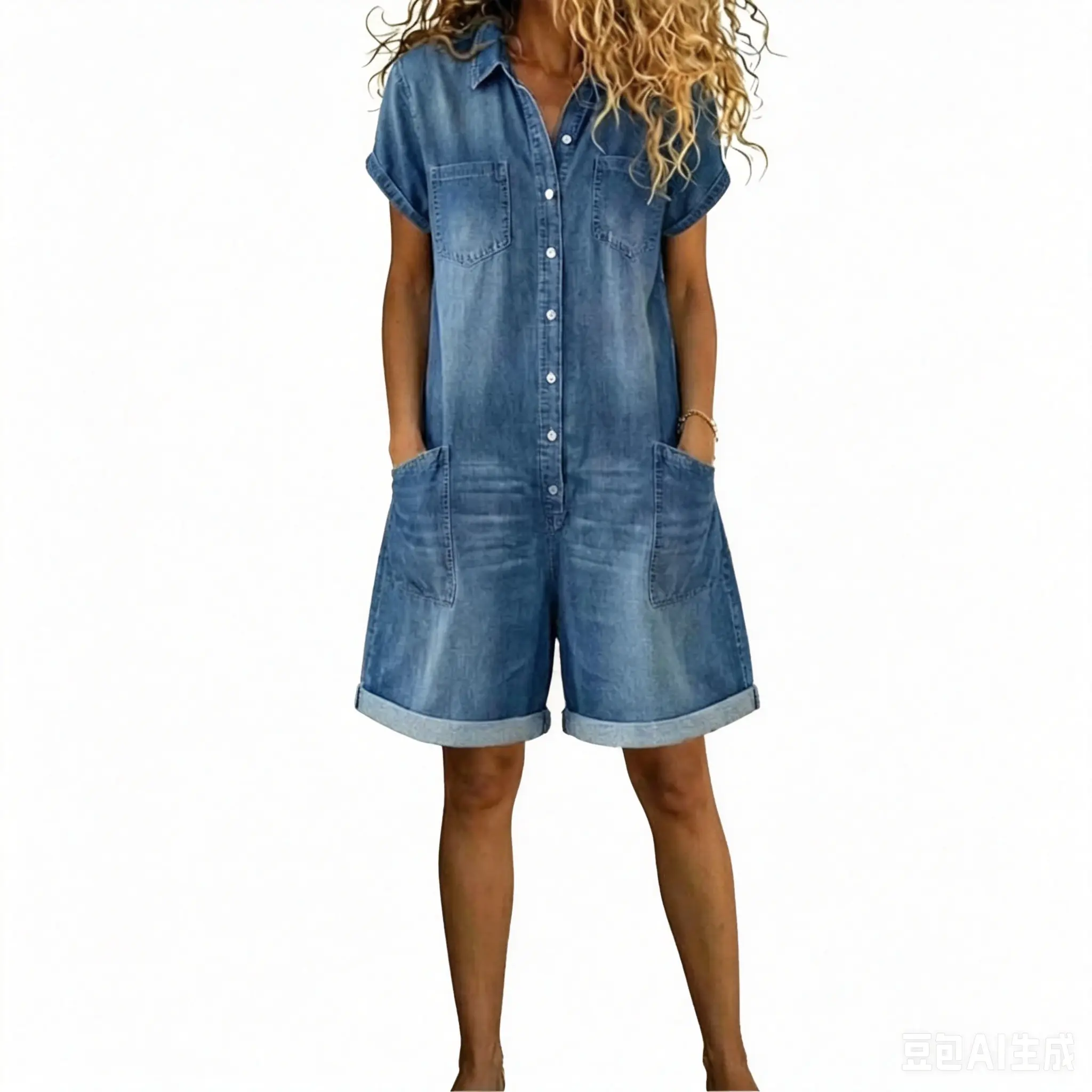 Women's Washed Denim Romper, Casual Loose Short Sleeve Outfit with Pockets, Breathable for Beach Street Wear, Essential