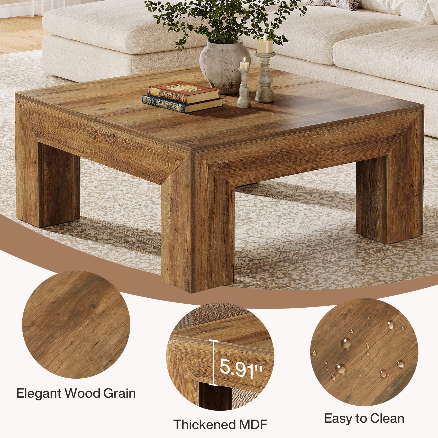 LITTLE TREE 39.4-Inch Square Coffee Table for Living Room, Farmhouse All MDF Accent Center Cocktail Table with Sturdy Wooden Legs, Easy Assembly