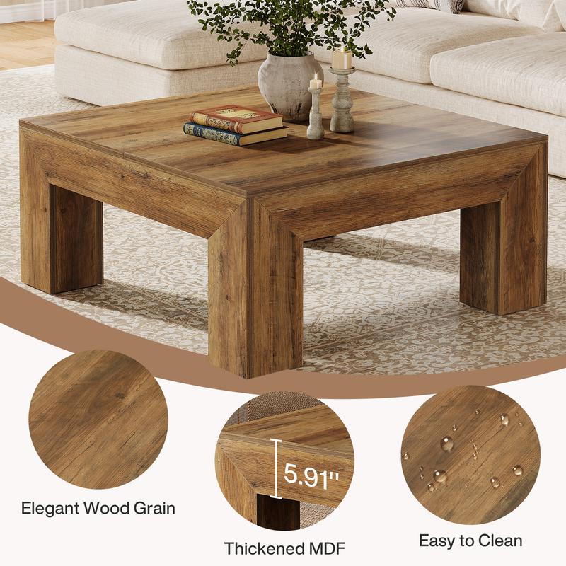 LITTLE TREE 39.4-Inch Square Coffee Table for Living Room, Farmhouse All MDF Accent Center Cocktail Table with Sturdy Wooden Legs, Easy Assembly