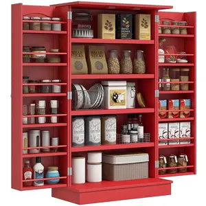 Freestanding Kitchen Pantry Cabinet – Red. Kitchen Cabinet with 12 Door Shelves, Double Doors & 5-Tier Shelving. 23.6"W x 11.8"D x 40.9"H