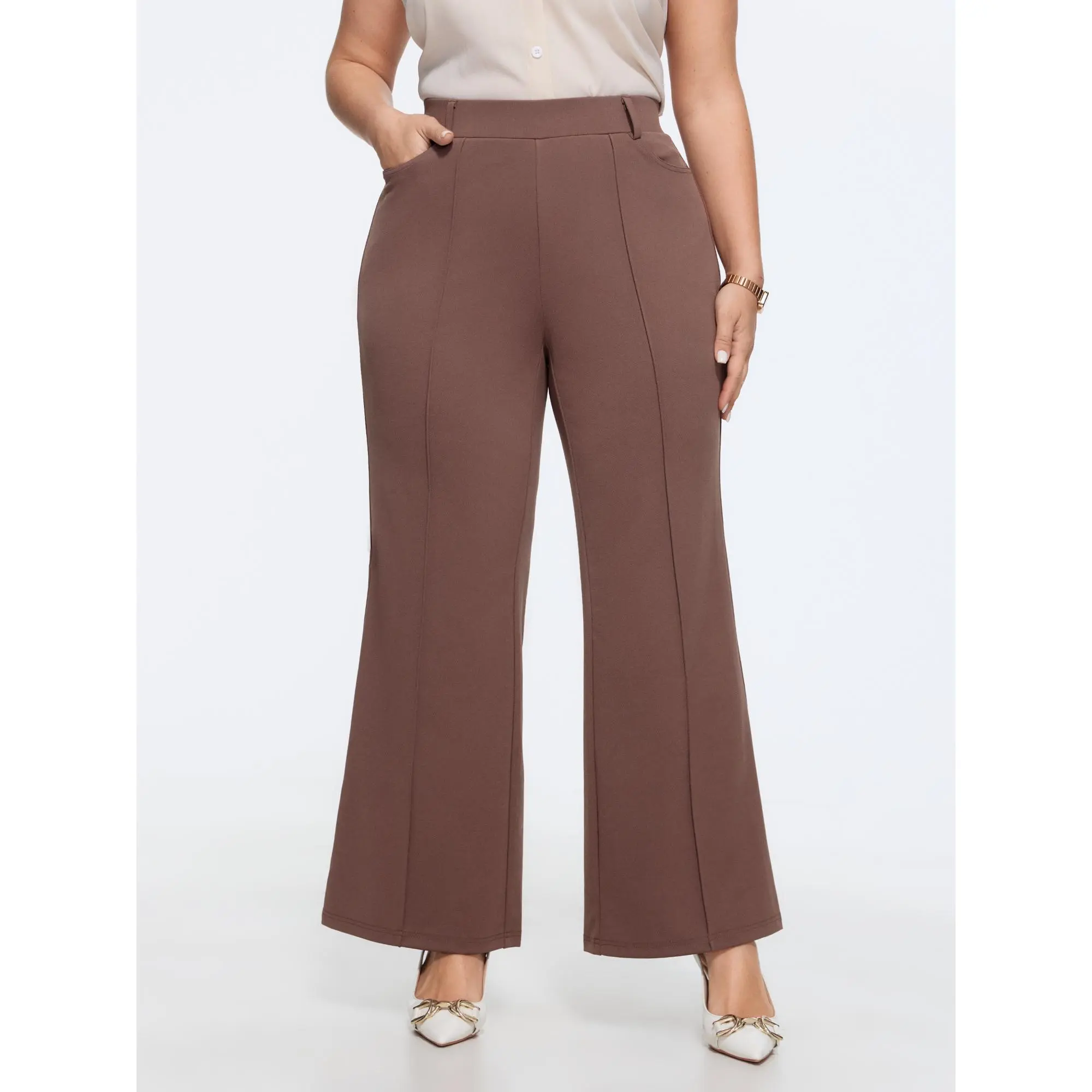 BloomChic Plus Size Pull-On Flared Pants, Solid Spandex Blend Mid Rise Business Casual Trousers for Office with Side Pockets, Casual Long Pants, Office Outfits Women