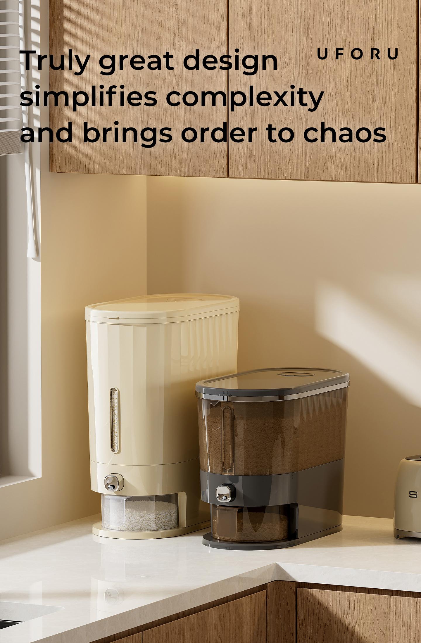 UFORU Press Type Airtight Plated Rice Dispenser 11Lbs/22Lbs Dual Sizes BPA-Free Grain Cereal Storage Container with Measuring Cup for Kitchen Pantry Soybean Corn Dry Food Organization