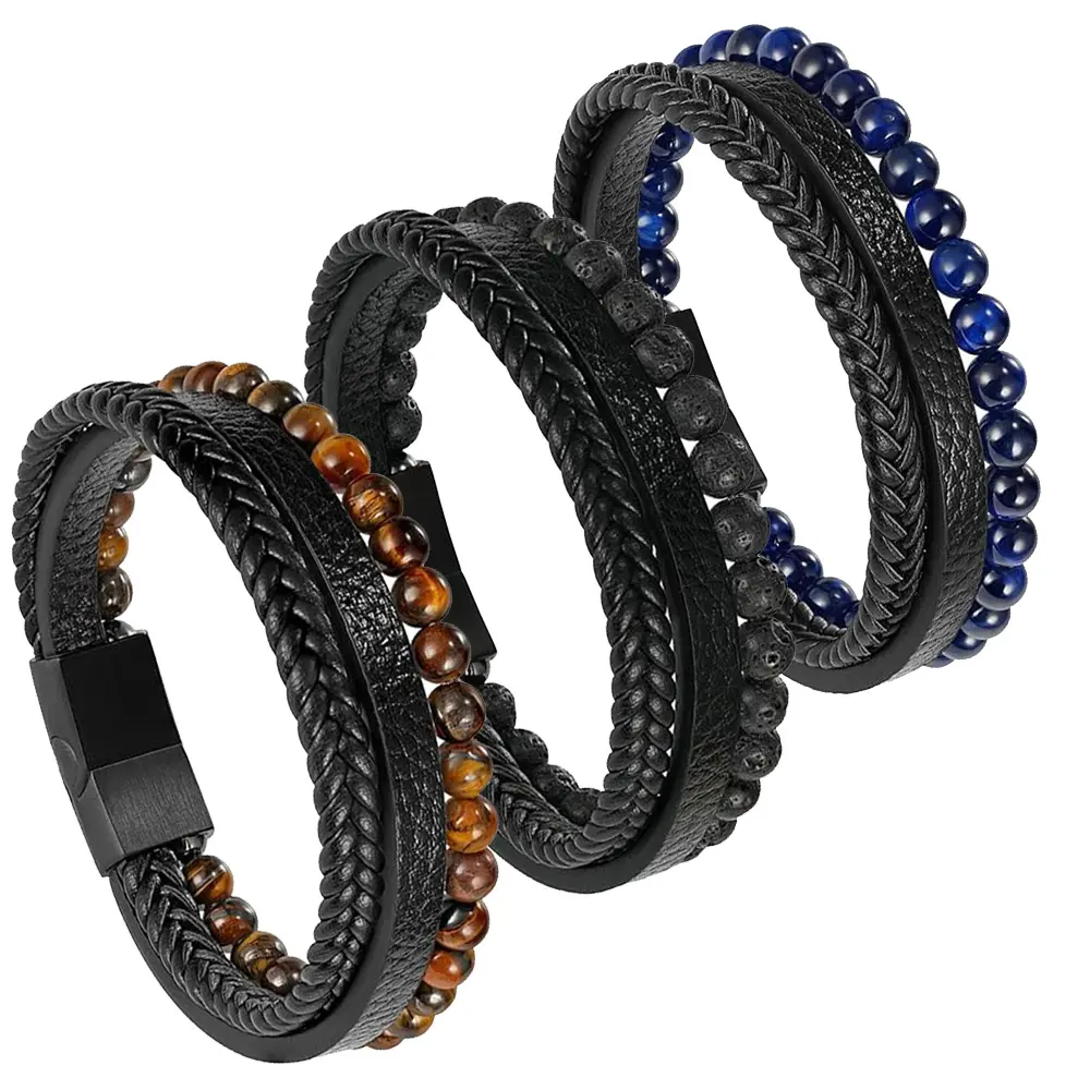 Handmade Mens Leather Bracelet, Braided Tiger Eye Stone, Black Onyx Lava Rock Volcanic Stone Beaded Bracelet, Magnetic Clasp Multi-layer Wristwear