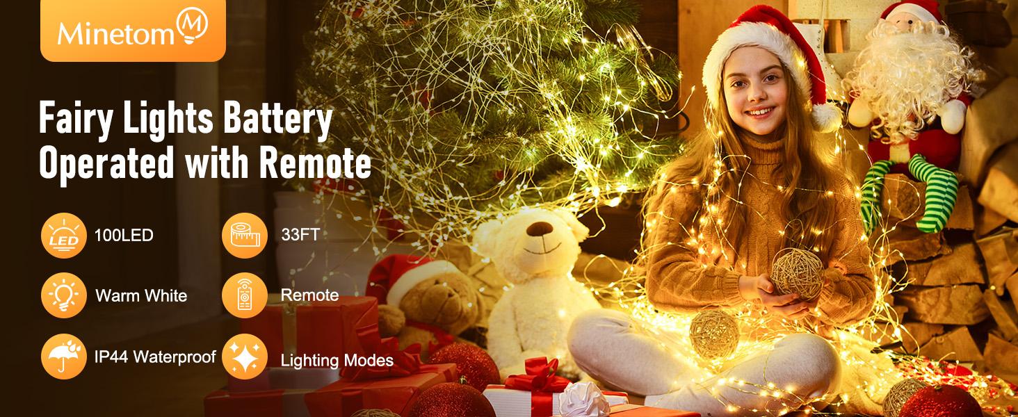 Minetom Fairy Lights Battery Operated with Remote, 33Ft 100 LED Waterproof String Lights Indoor Outdoor, Starry Twinkle Light for Christmas Home Bedroom Wedding DIY Centerpiece Decor
