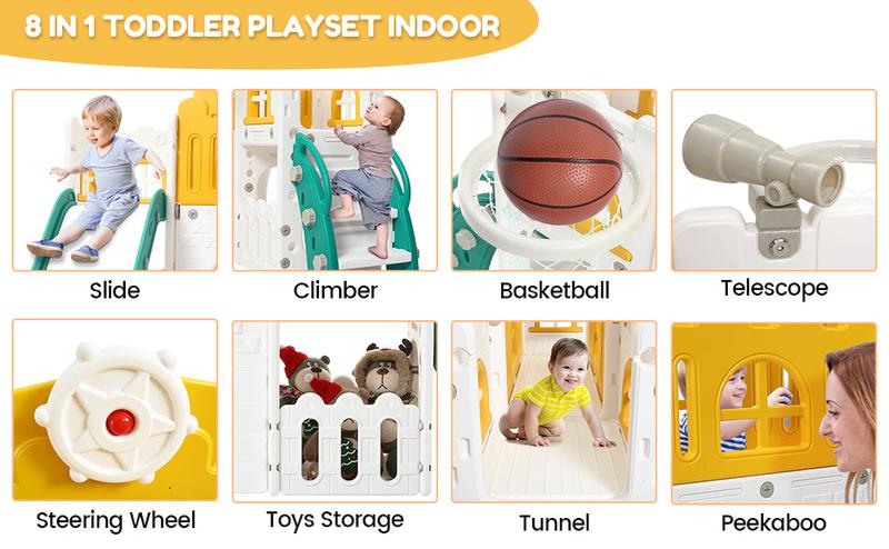 GARVEE 8-in-1 Toddler Slide Playground - Versatile Indoor & Outdoor Playset with Basketball Hoop, Climber, Crawling Tunnel, and Telescope - Safe HAPE & PP Material with Toy Storage for Ages 1-3