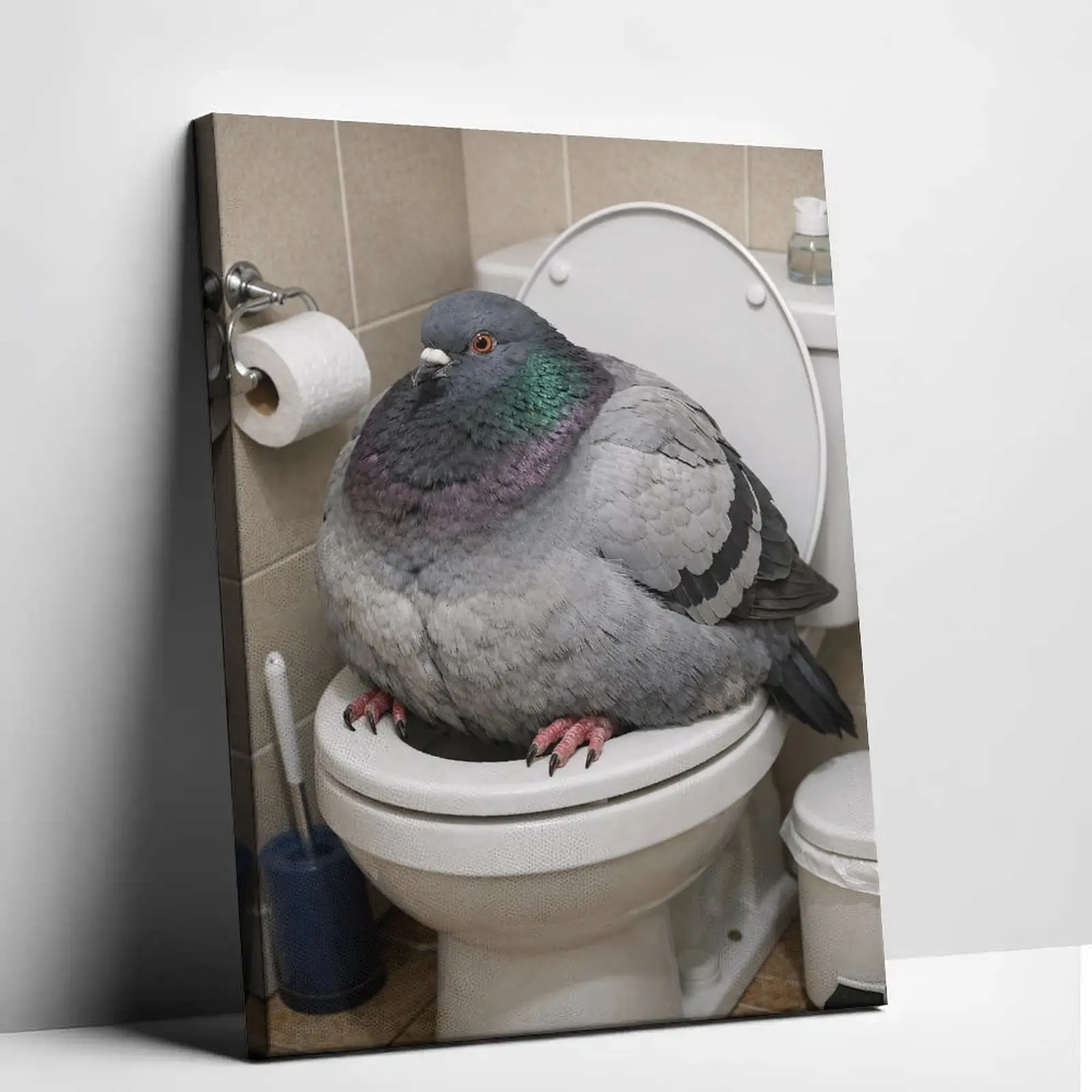 Funny Pigeon Toilet Canvas Wall Art Poster Animal Meme Art Print Quirky Toilet Picture For Bathroom Decor Aesthetics Heavy Bird Toilet Sitting Artwork Vintage Retro Humor Painting Fun Gift Idea Classroom Dorm Office Cozy Home Wall Decoration