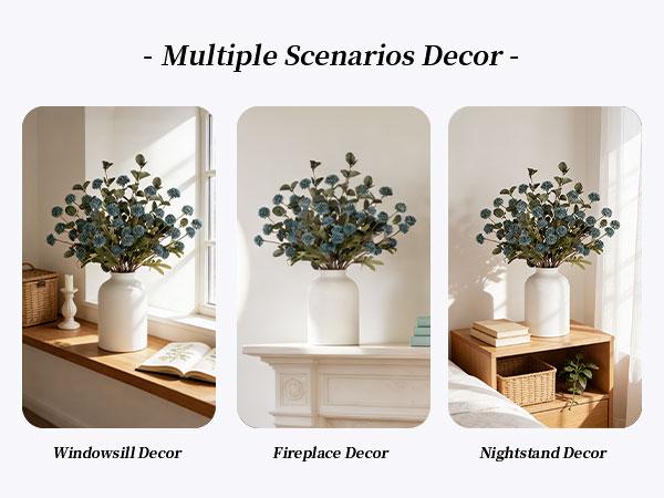 Fake Flowers in Vase for Centerpieces: Metal Vase with 12 Stems of Artificial Mums Kiku Flowers Eucalyptuses Home Table Decor - White Faux Pom Poms Floral Arrangements for Living Room