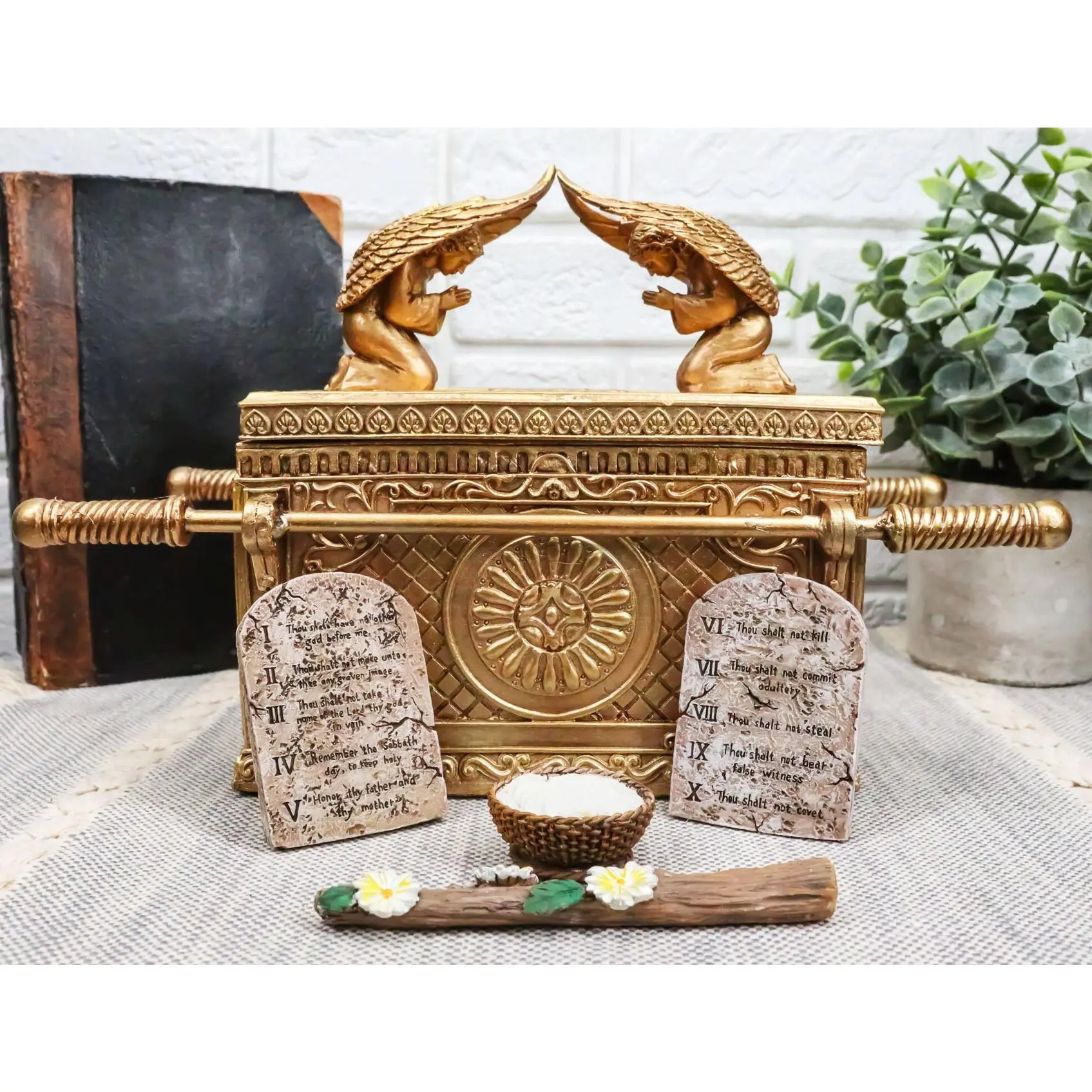 Matte Gold Ark of Covenant Decorative Religious Figurine Jewelry Box with Contents, Gift-Worthy Set for Home Decor (Includes Complementary Pot)