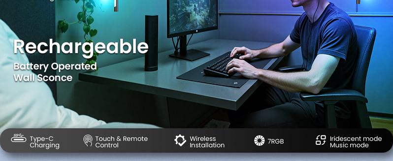 Battery Operated Wall Lights Set of Two, Non-Removable Battery, 10000mAH Rechargeable Wall Lamps with Remote Control, Dimmable RGB LED Wireless Wall Sconces for Bedroom, Living Room, Hallway, Dining Room, 360° Rotate 3CCT