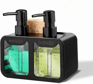 Hand Soap Refill Bottle Set 3-in-1 Kitchen Sink Dish Soap Dispenser Space-Saving Hand Soap Refill Bottle Removable Base with Built-in Sponge Scrubber Kitchen Organization (Black)