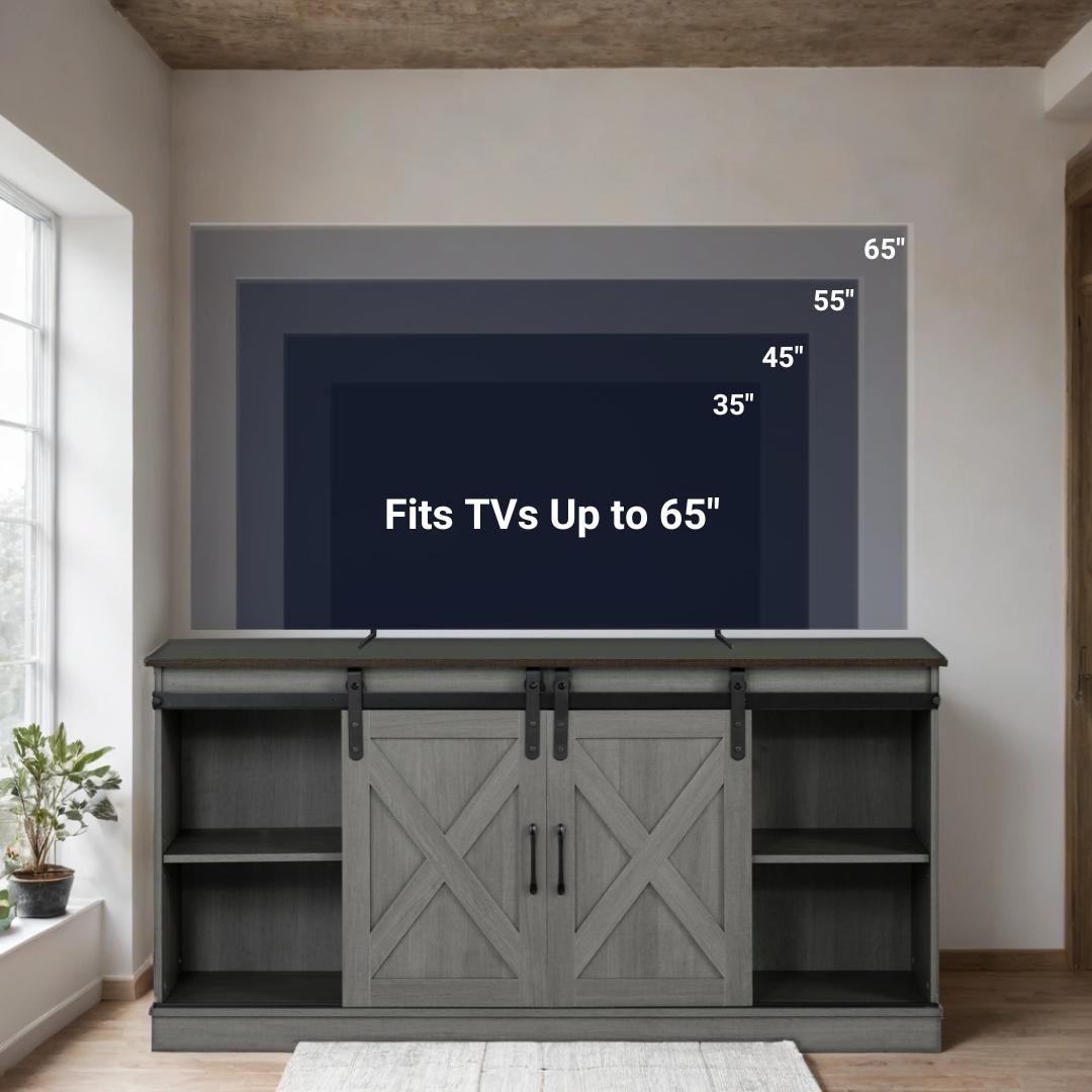 Camden Farmhouse TV Stand with Sliding Doors & Cable Management (Fits up to 65")