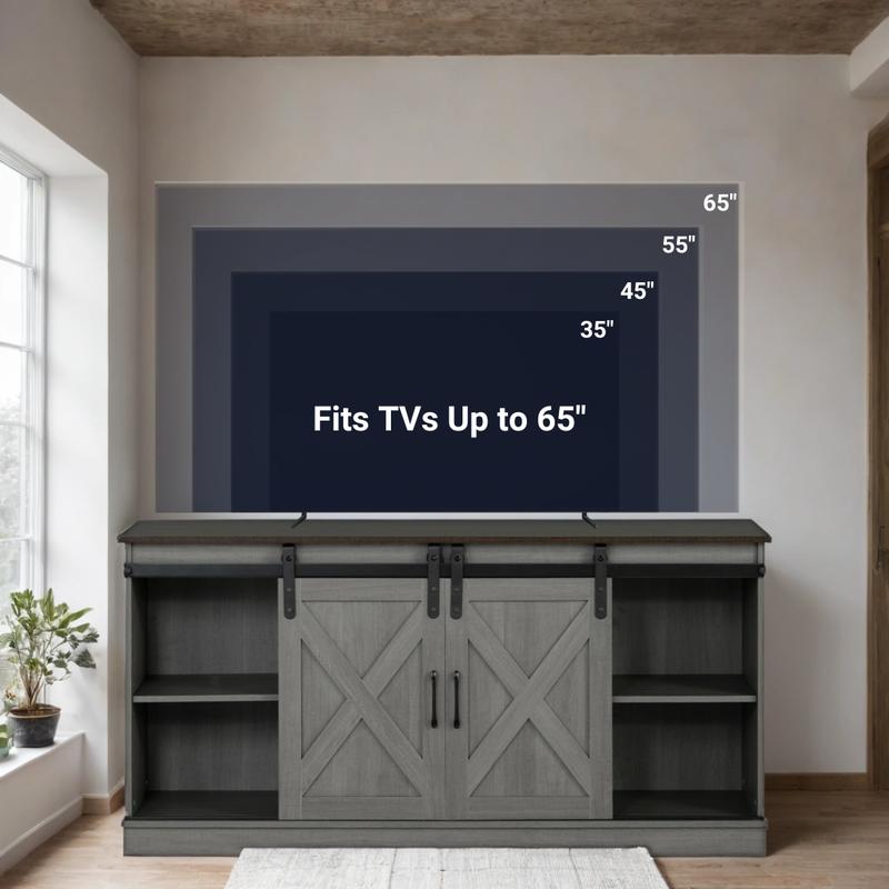Camden Farmhouse TV Stand with Sliding Doors & Cable Management (Fits up to 65")