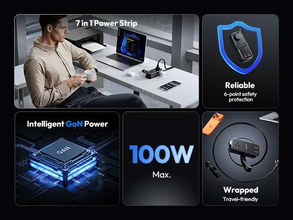 NTONPOWER 100W GAN Ultra Travel Power Strip, 7-in-1 USB C Charging Station with 3 Outlets 4 USB (2 Fast Charge)& 5FT Extension Cord, Compact Desktop Charger for MacBook, iPhone, Cruise, Office, Black NTONPOWER 100W GAN Ultra Travel Power Strip, 7-in-1 USB C Charging Station with 3 Outlets 4 USB (2 Fast Charge)& 5FT Extension Cord, Compact Desktop Charger for MacBook, iPhone, Cruise, Office, Black