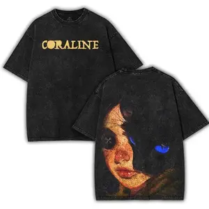 Coraline Retro Vintage Unisex Acid Washed Heavyweight Cotton Tshirt, Coraline Movie shirts back school, coraline merch Streetwear Fabric Fit