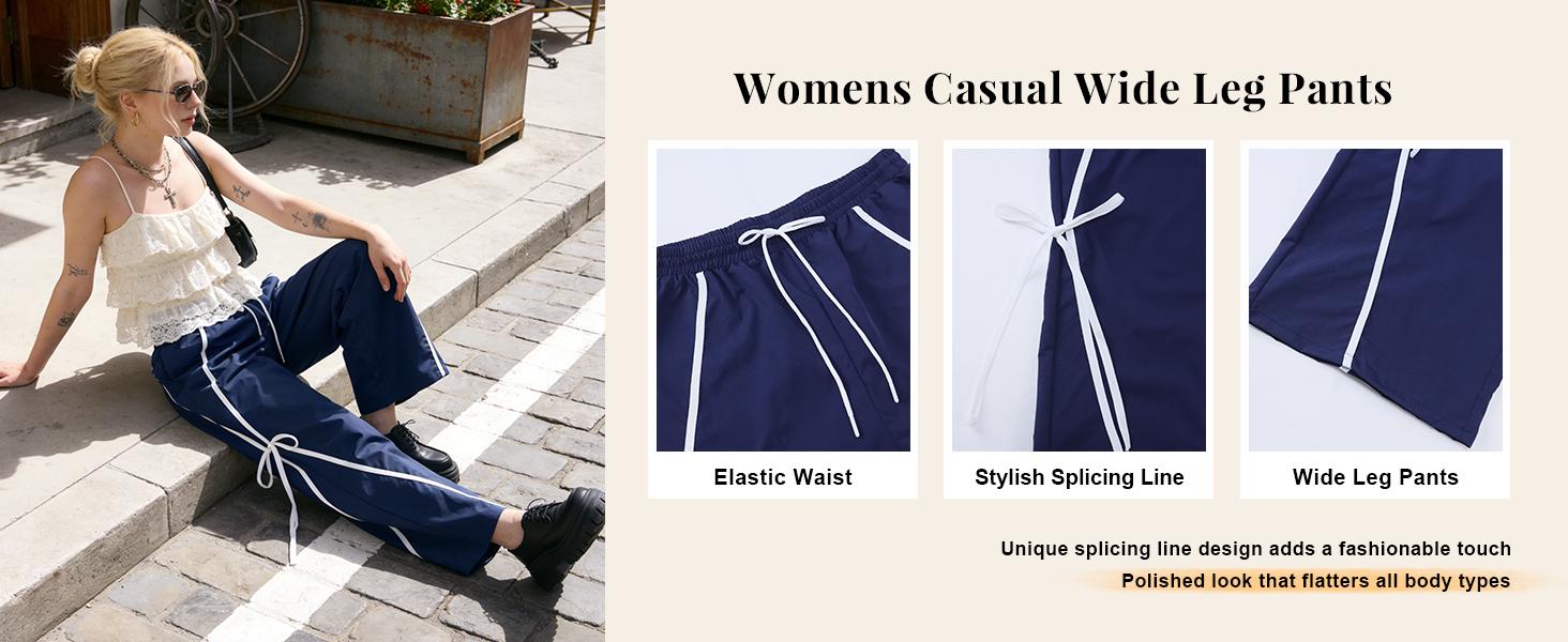 Showyg Women's Vintage High-Waist Wide-Leg Baggy Sweatpants, Loose Side Stripes Bow Tie Detail Casual Streetwear Bottoms