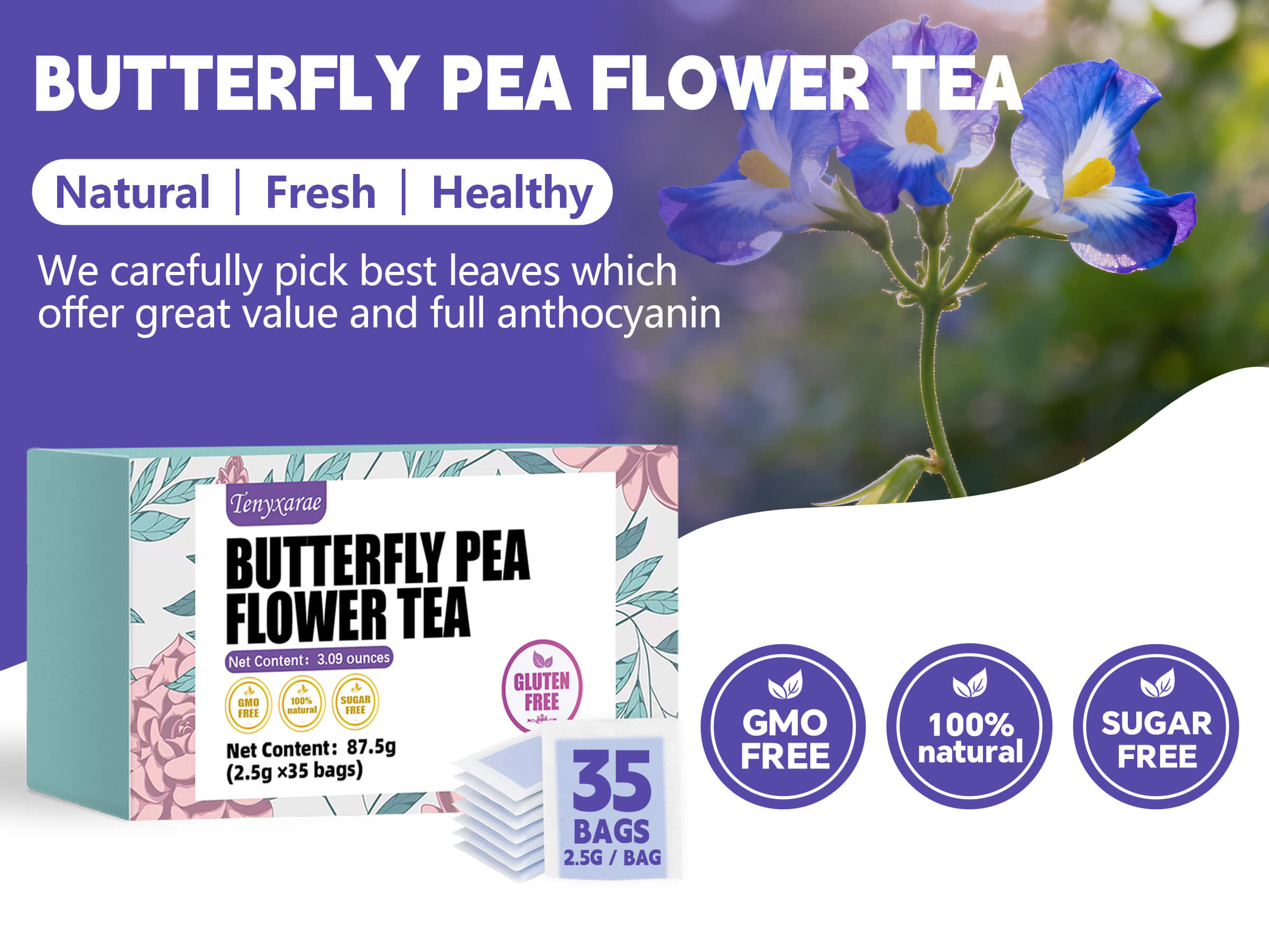 Organic Butterfly Pea Flower Tea Bags, 35 Teabags, 2.5g/Bag, Made with 100% Natural Butterfly Pea Flower. Helps with Antioxidant and High in Anthocyanins | Caffeine-Free | Sugar-Free | Gluten-Free | Vegan. Individually Packaged in Eco-Friendly Bags