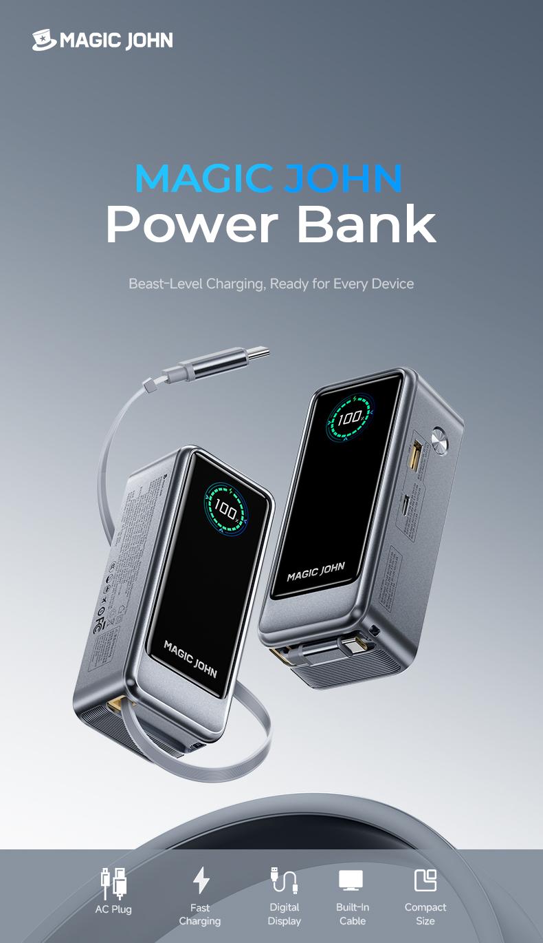 MAGIC JOHN Power Bank for Phones & Laptops, 15,000 mAh High-Capacity Portable Charger, USB-C Output, Built-in 2.3ft Retractable Cable, Airline-Approved, Compatible with iPhone 17/16 Series, MacBook, Samsung & More