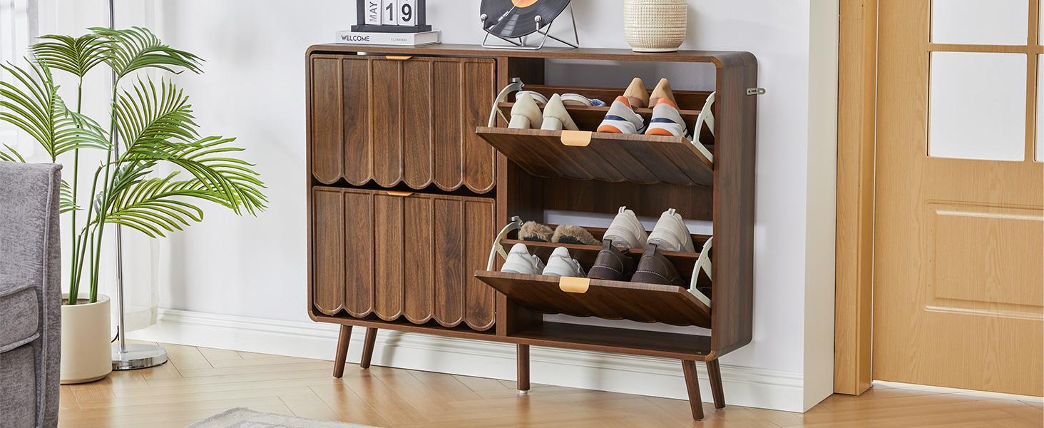 Giratree Shoe Storage Cabinet for Entryway with 2 4 Flip Drawers, Freestanding Narrow Wood Shoe Cabinet with Wave Panel, Hidden Shoe Organizer for Foyer, Hallway