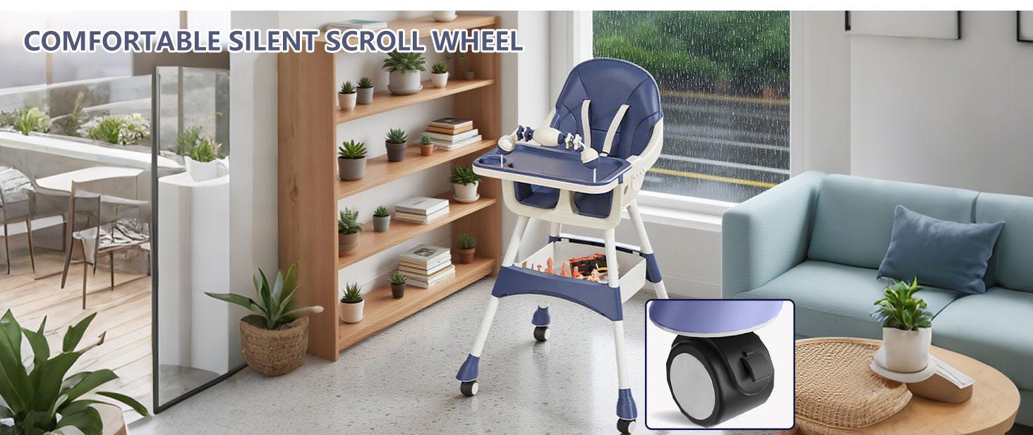 Portable High Chair for Babies and Toddlers with Lock Wheels, Multi-Use Easy Clean Baby High Chair, Comfortable Feeding, Large Storage Basket, Stable and Safe Design, Quick Assembly, Removable Seat Cushion