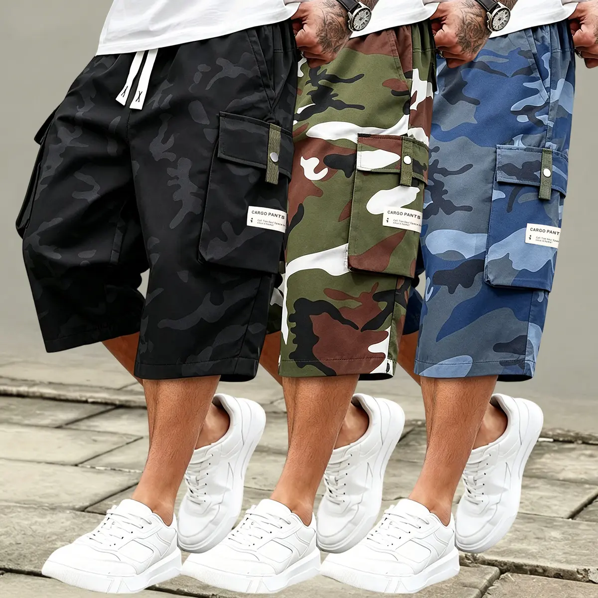 3-pack men’s camouflage cargo shorts: casual loose-fit camo shorts with a drawstring elastic waistband and multiple pockets; lightweight, breathable summer athletic training shorts for street sports, fitness, hiking, and everyday wear.