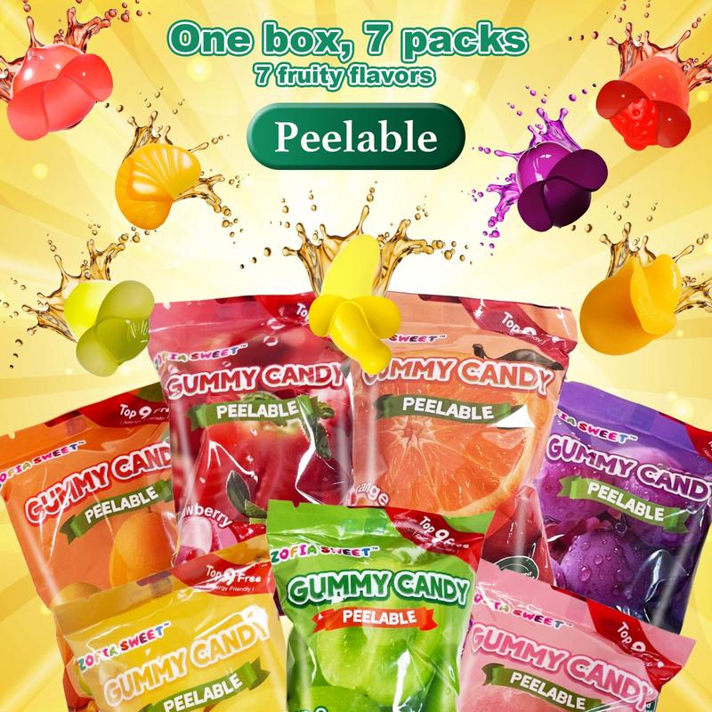 7 Friuts in 7 Packs Assorted Gummy Candies Individually Wrapped, Peelable Fruit-Shaped Gummies Candy made with Real Fruit Juice (≥30%), Chewy Peeling Candy Gummy Snacks Net 350g/12.35oz