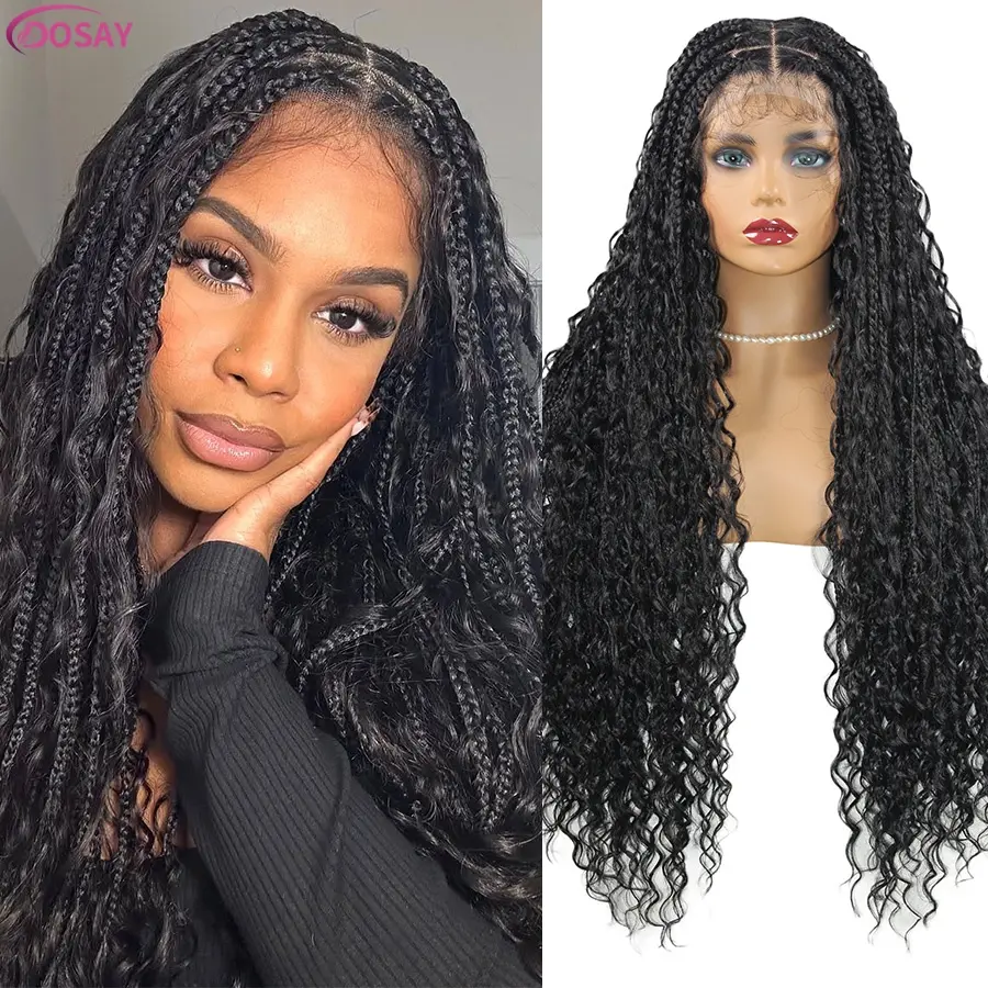 Dosay 32 inches Boho Braid Cornrows Box Braided Wigs Glueless Full Lace Front Goddess Synthetic Knotless Square Part Braided Wig Curly Ends
